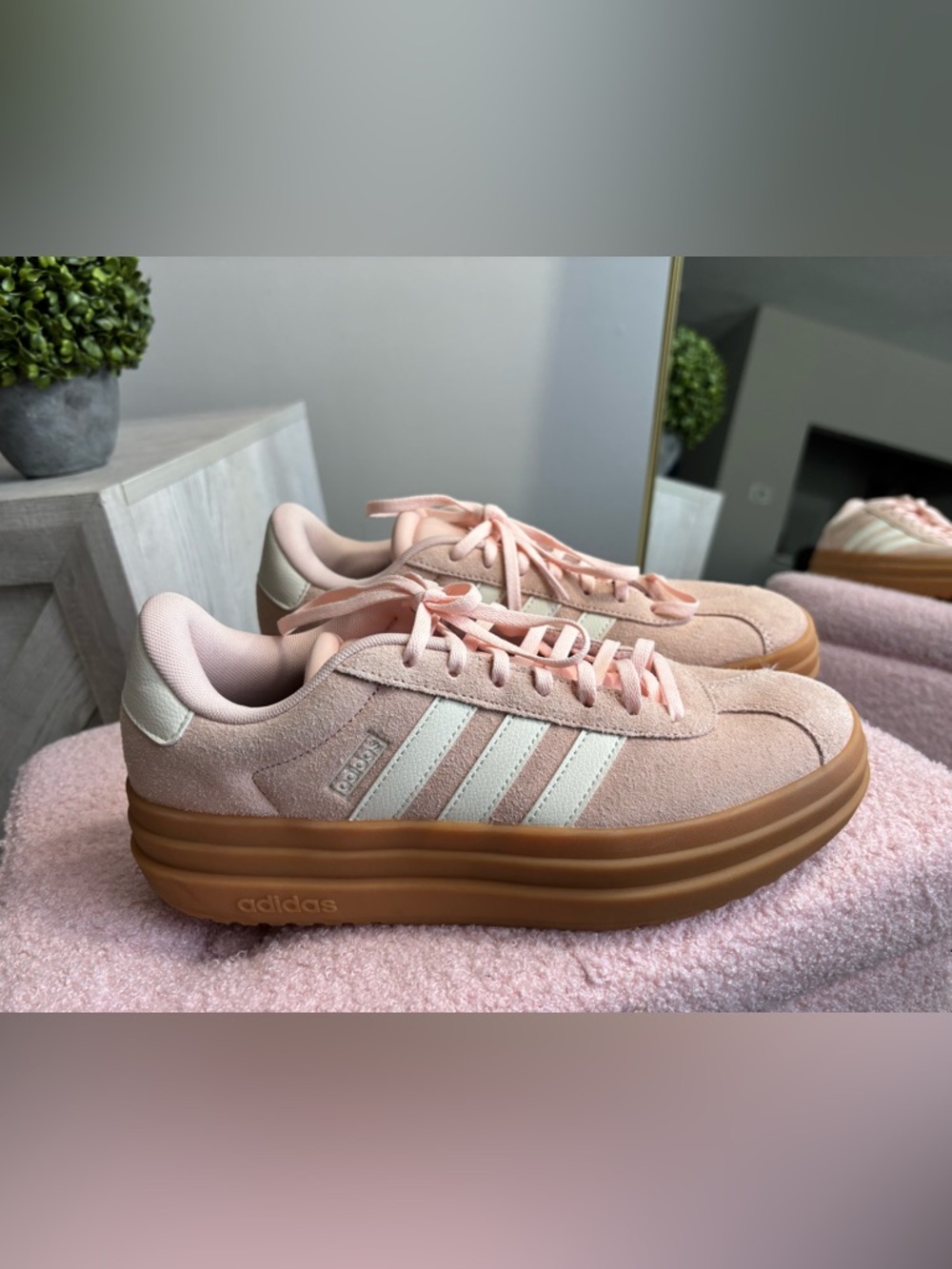 adidas Women’s Pink Suede Platform Sneakers with White Stripes